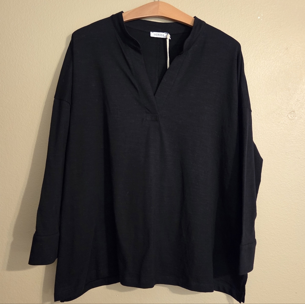 MERSEA NWT Amelia Cuff Tee Black Slub Cotton Vneck Minimalist Blouse Women's OS - Picture 4 of 14